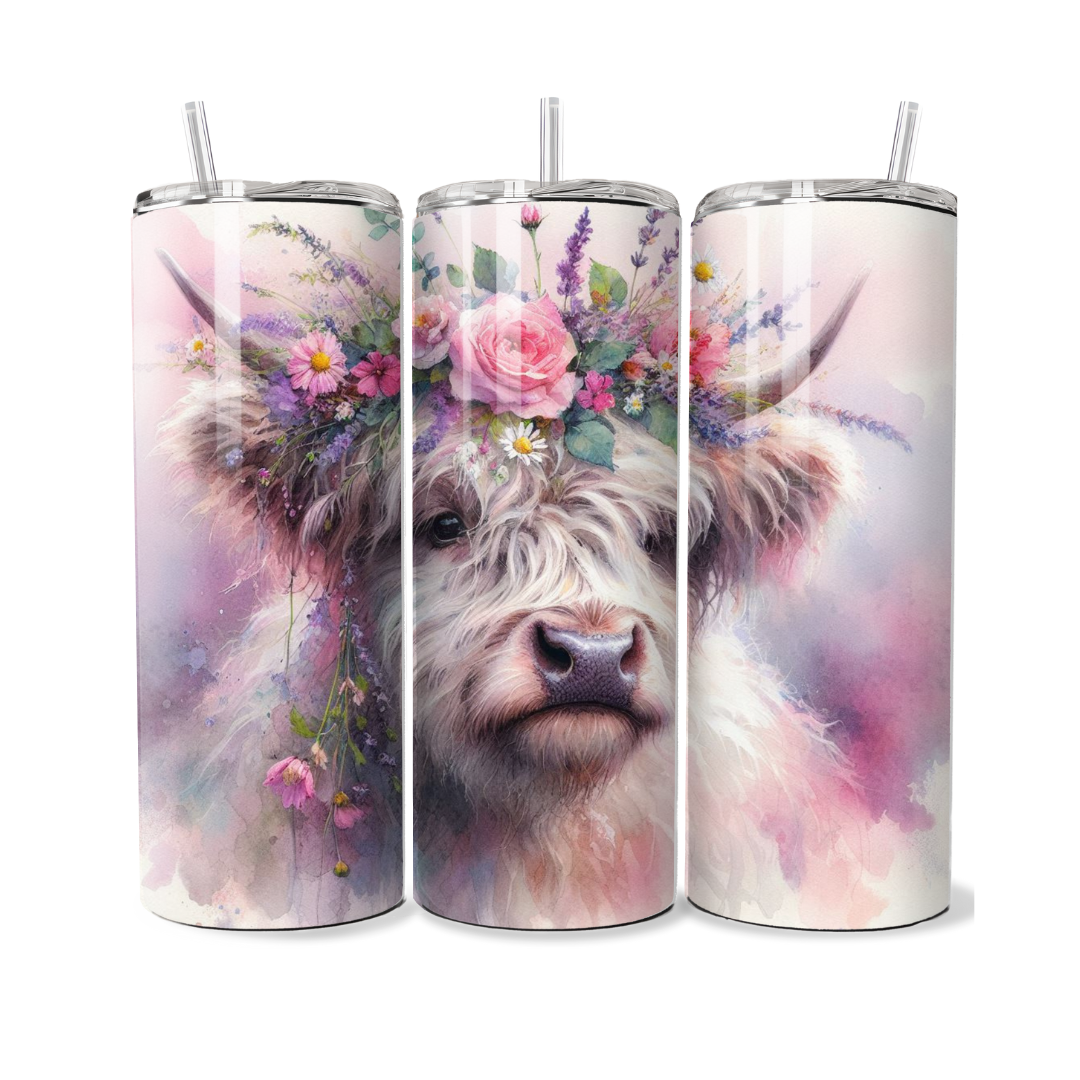 Highland Cow with Crown Flowers 20 or 30 oz Tumbler