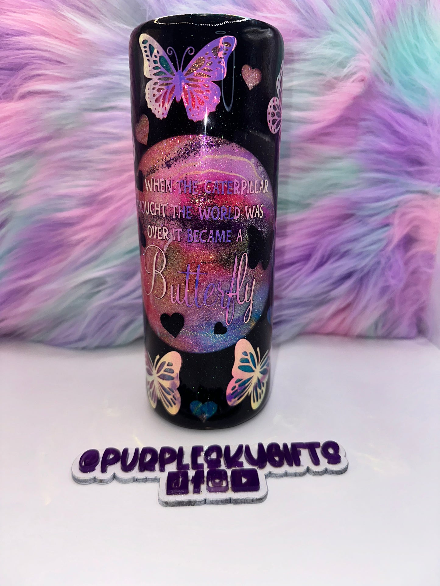 20 oz Catepillar Became A Butterfly Glitter Tumbler Ready To Ship