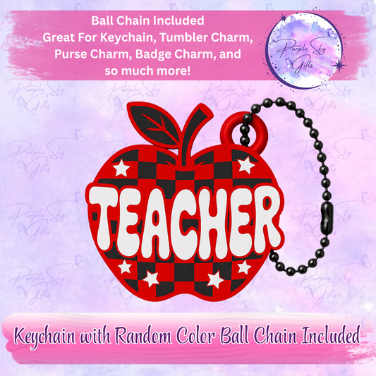Checkered Print Teacher Apple Keychain with Random Colored Ball Chain