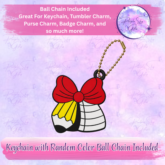 Teacher Round Middle Pencil Bow Keychain with Random Colored Ball Chain