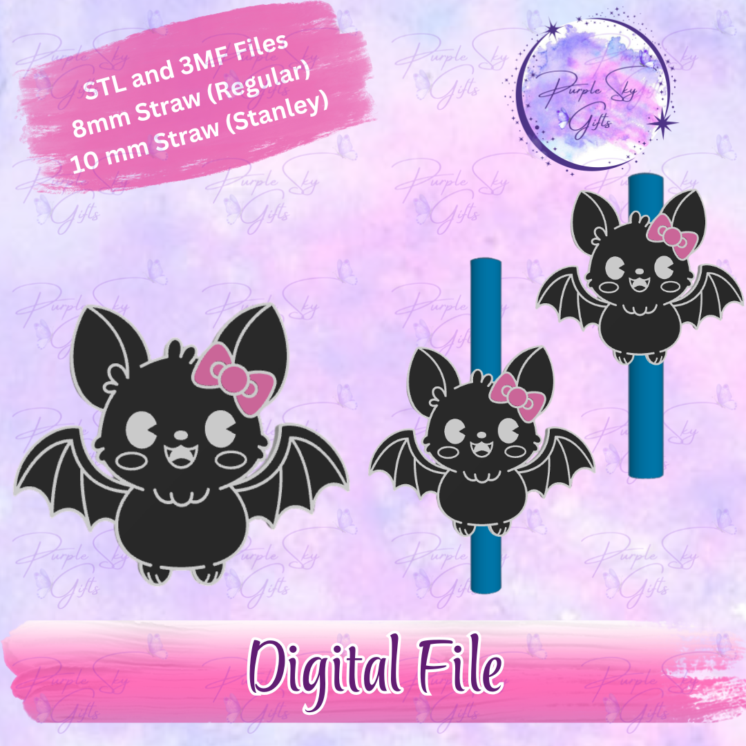 Cute Bat With Bow 8mm and 10mm STL and 3MF DIGITAL FILES For Straw Topper