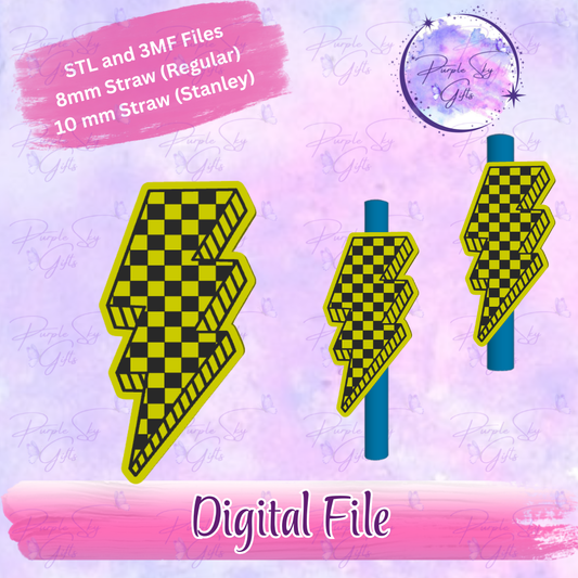 Checkered Print Lightening Bolt 8mm and 10mm STL and 3MF DIGITAL FILES For Straw Topper