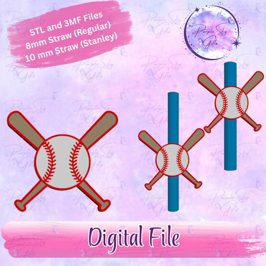 Baseball and Two Bats 8mm and 10mm STL and 3MF DIGITAL FILES For Straw Topper