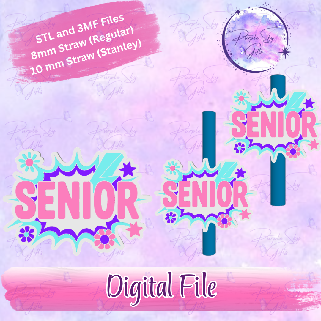 Floral Senior 8mm and 10mm STL and 3MF DIGITAL FILES For Straw Topper
