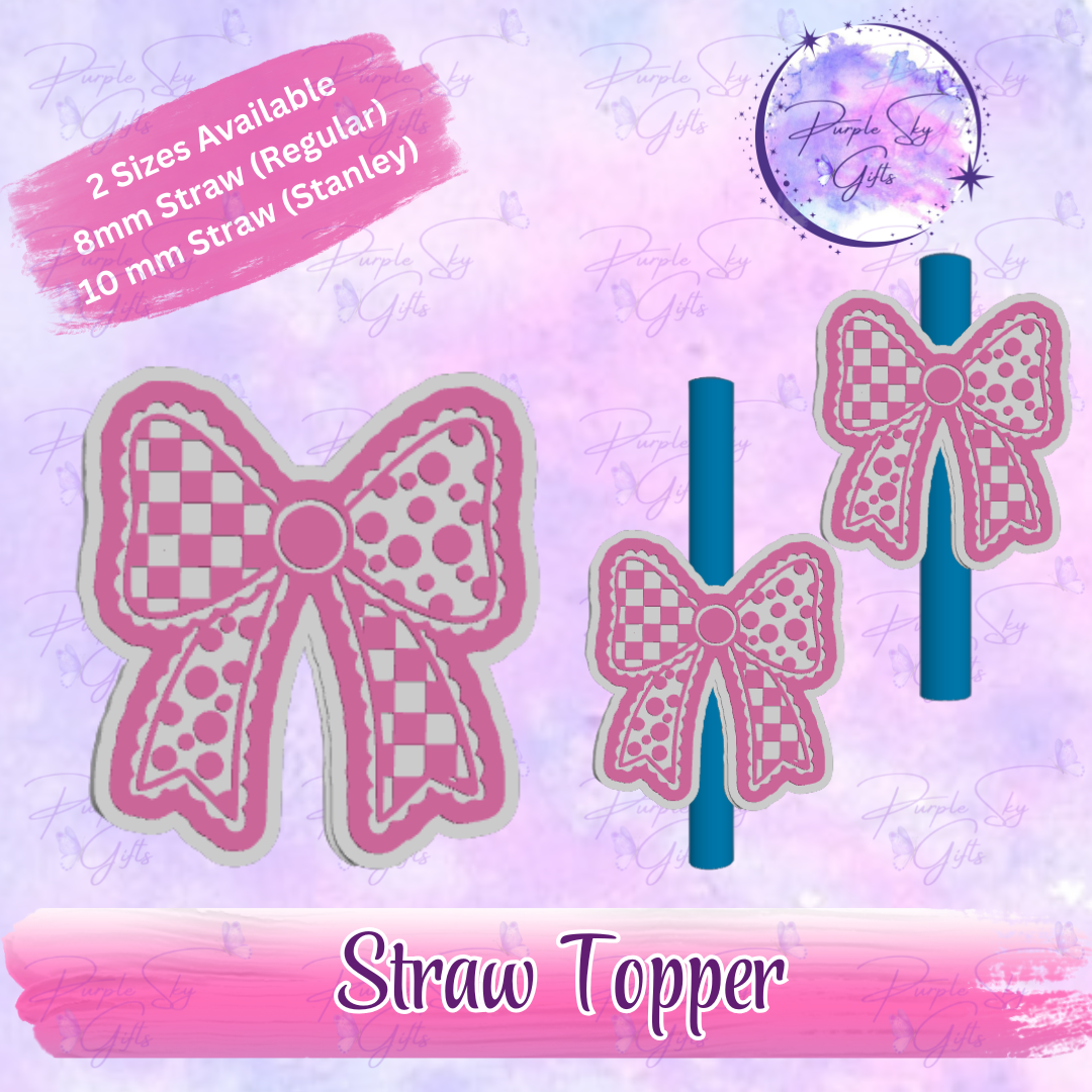 Checkered Print Polka Dot Bow Straw Topper
