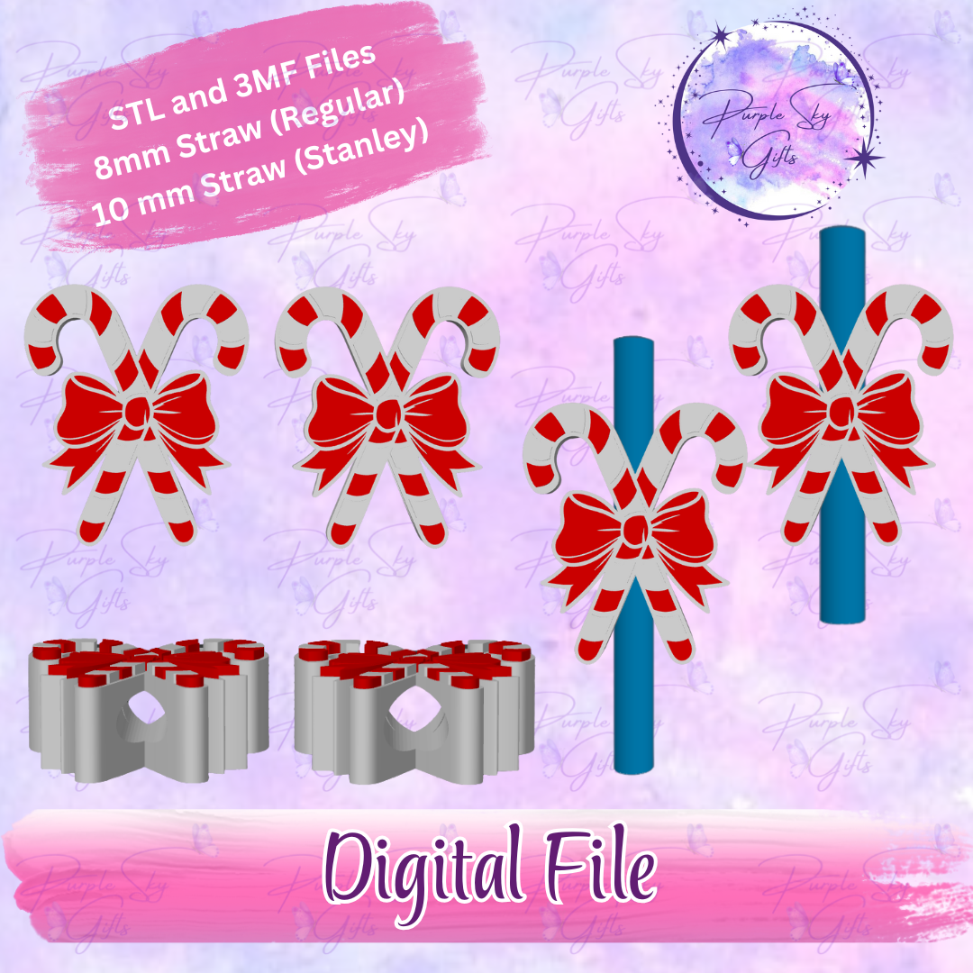 Candy Canes With Bow 8mm and 10mm STL and 3MF DIGITAL FILES For Straw Topper