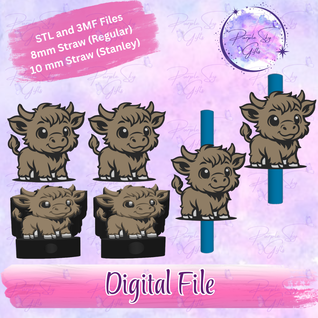 Baby Highland Cow 8mm and 10mm STL and 3MF DIGITAL FILES For Straw Topper