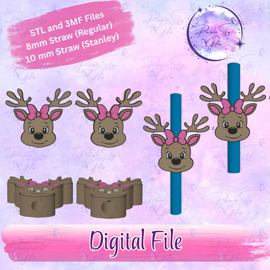 Reindeer with Bow 8mm and 10mm STL and 3MF DIGITAL FILES For Straw Topper