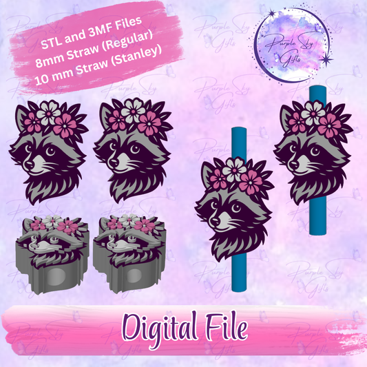 Floral Raccoon 8mm and 10mm STL and 3MF DIGITAL FILES For Straw Topper