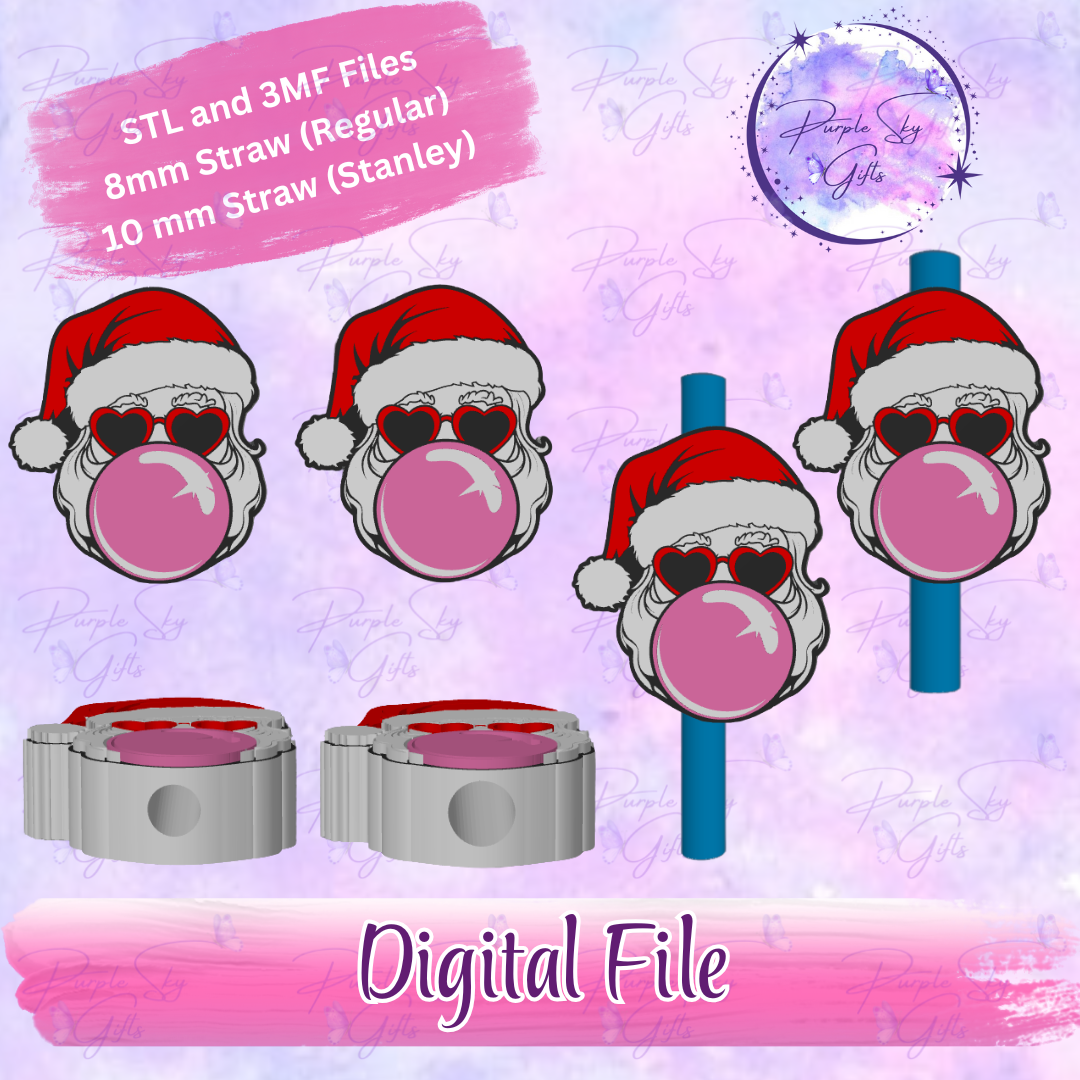 Bubblegum Santa 8mm and 10mm STL and 3MF DIGITAL FILES For Straw Topper