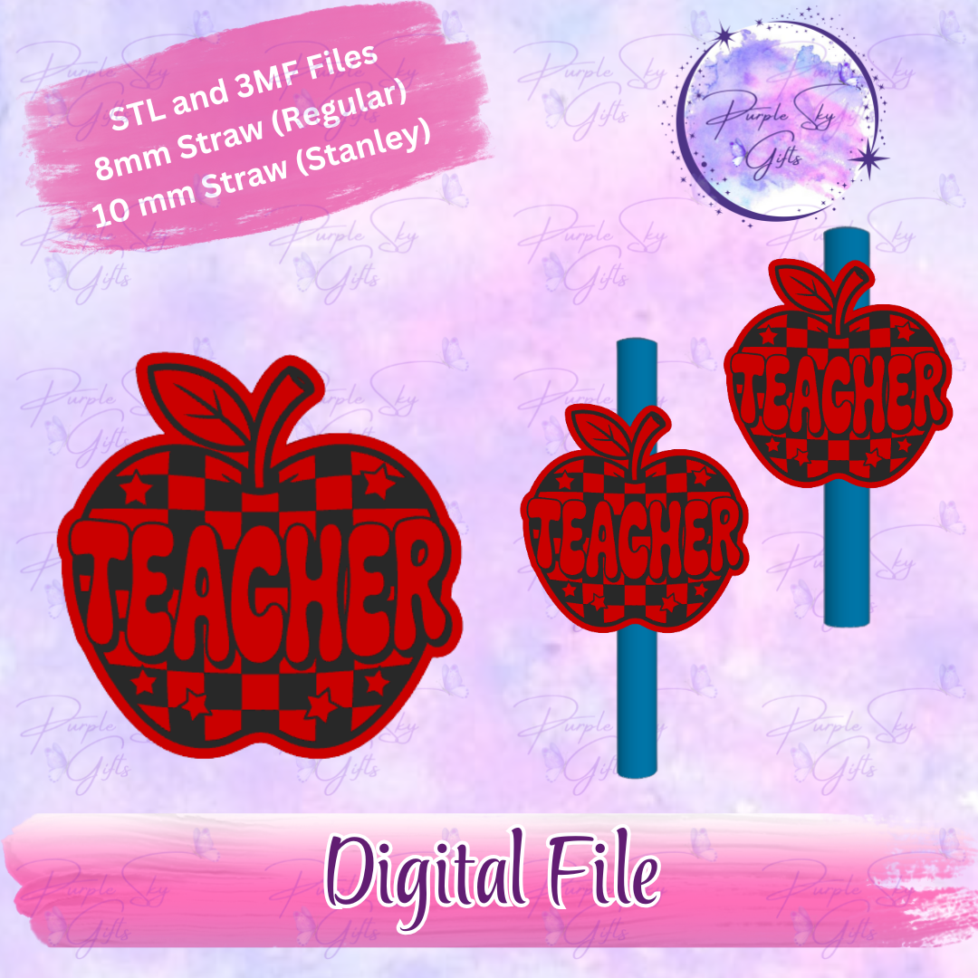 Checkered Print Teacher Apple 8mm and 10mm STL and 3MF DIGITAL FILES For Straw Topper