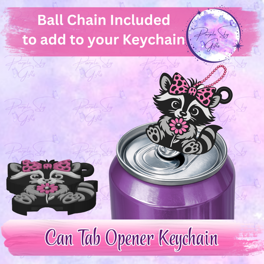 Cute Raccoon with Flower Drink Can Tab Opener Keychain/Charm with a Random Color Ball Chain