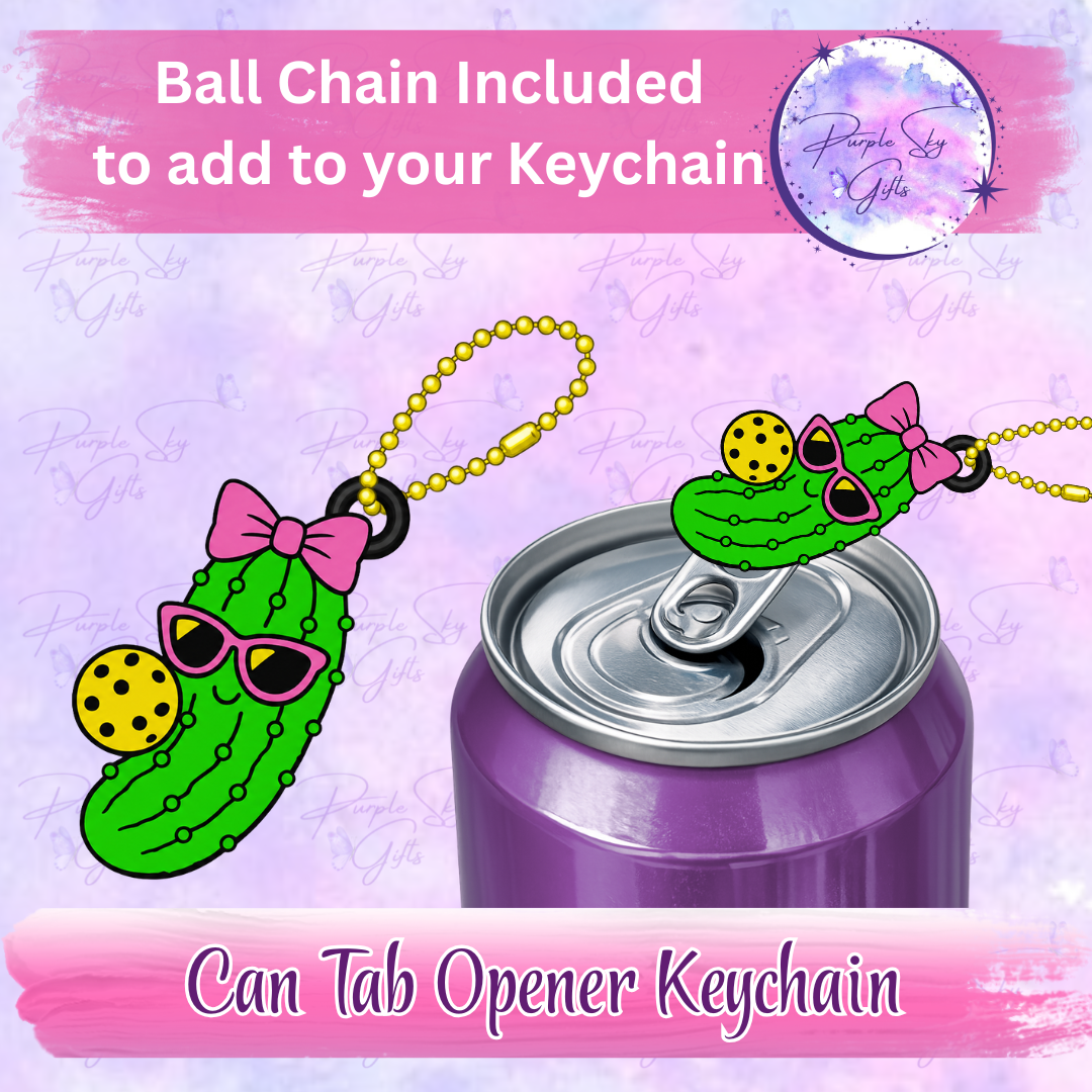 Pickleball Pickle Girl Drink Can Tab Opener Keychain/Charm with a Random Color Ball Chain