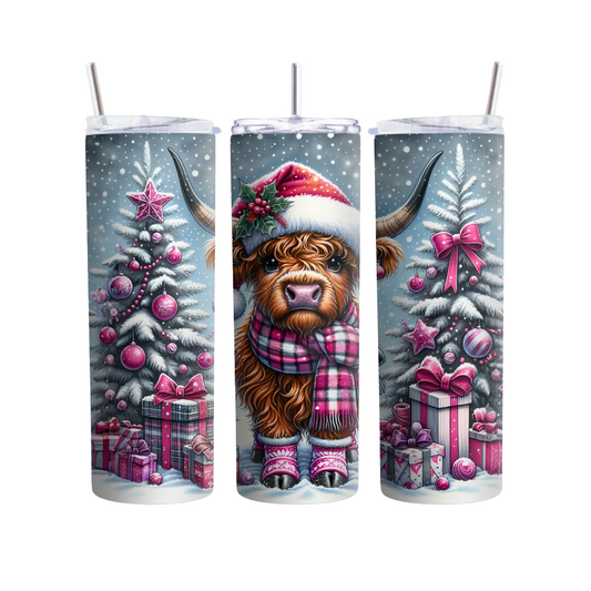 Christmas Highland Cow With Dark Pink Scarf 20 or 30 oz Tumbler