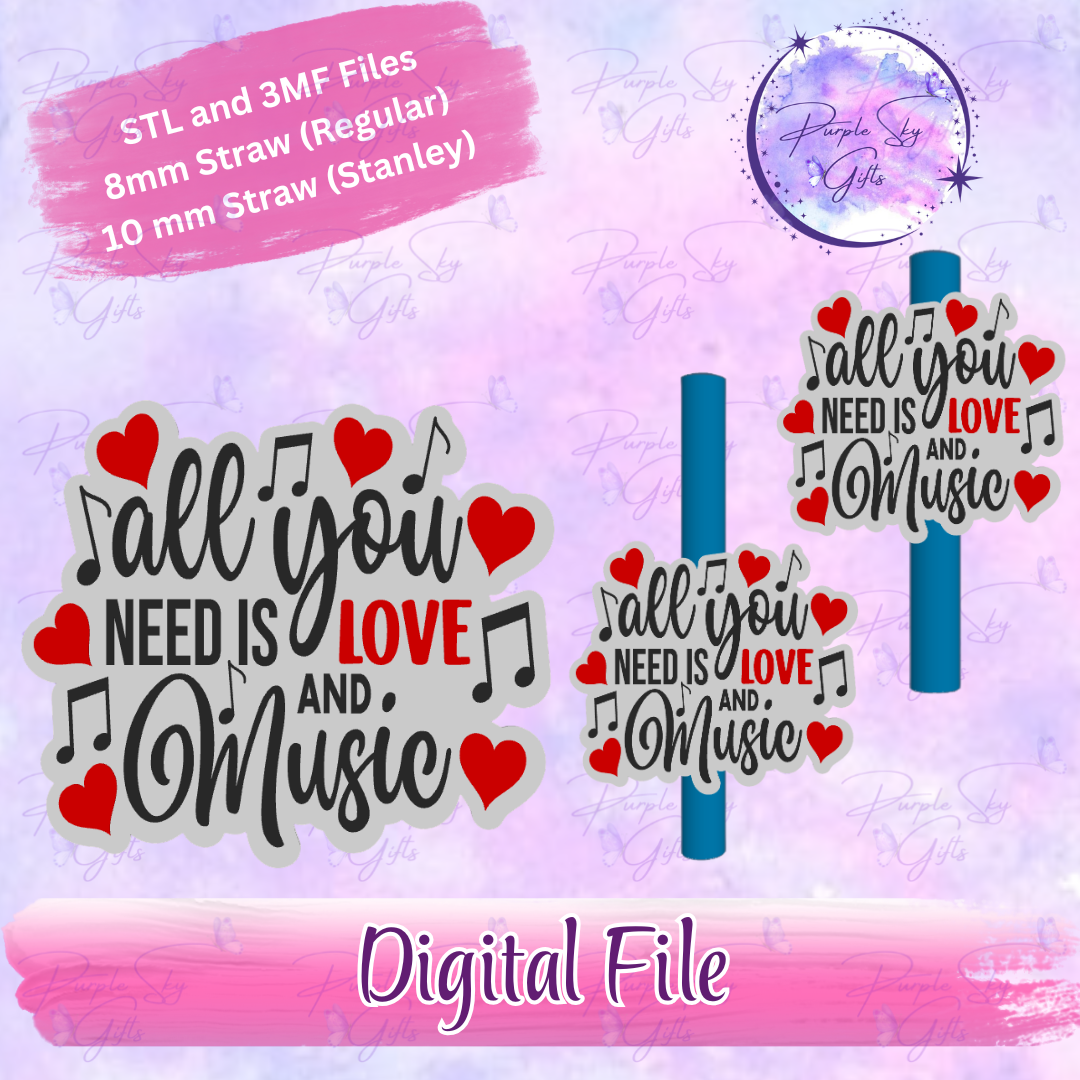 All You Need Is Love And Music 8mm and 10mm STL and 3MF DIGITAL FILES For Straw Topper
