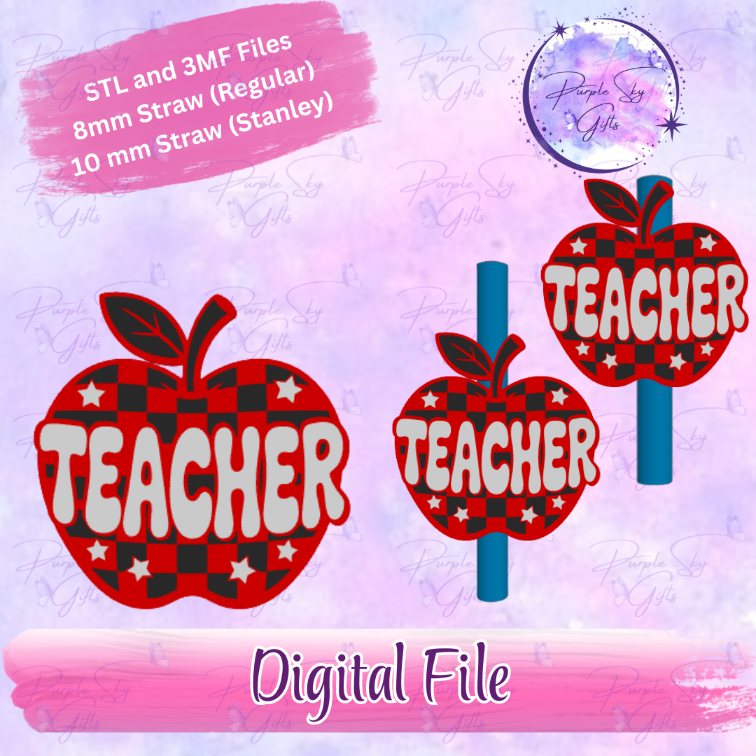 Checkered Print Teacher Apple 8mm and 10mm STL and 3MF DIGITAL FILES For Straw Topper