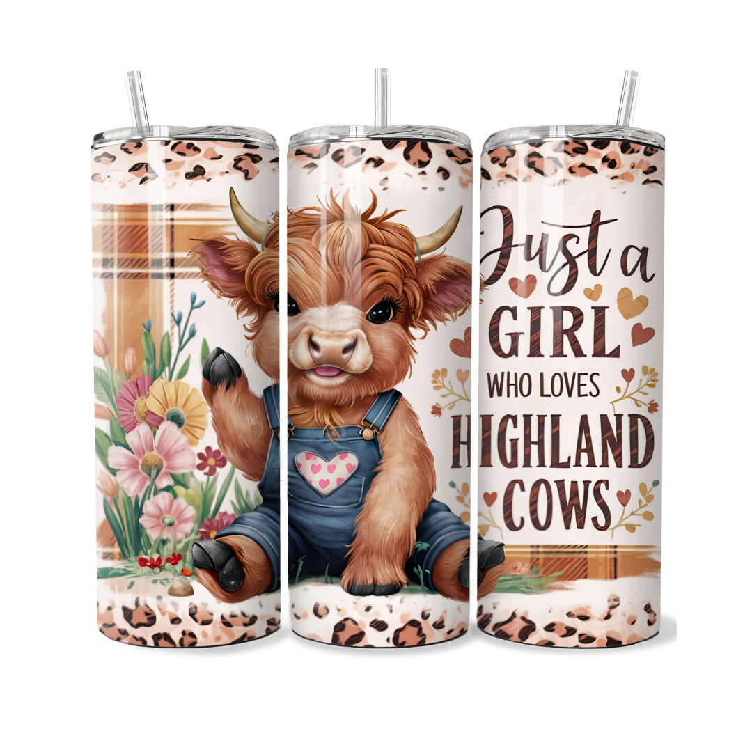 Just A Girl Who Loves Highland Cows Country Pink Heart Overalls 20 or 30 oz Tumbler