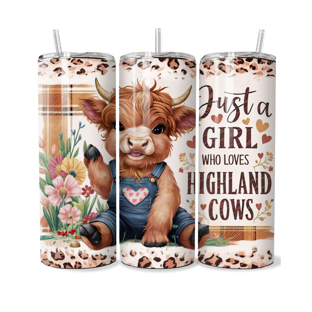 Just A Girl Who Loves Highland Cows Country Pink Heart Overalls 20 oz Tumbler