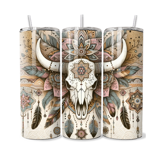 Mint and Pink Feathers Boho Cow Skull Western 20 or 30 oz Tumbler