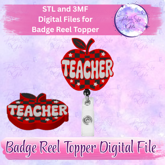 Checkered Print Teacher Apple Badge Reel Topper STL and 3MF Files