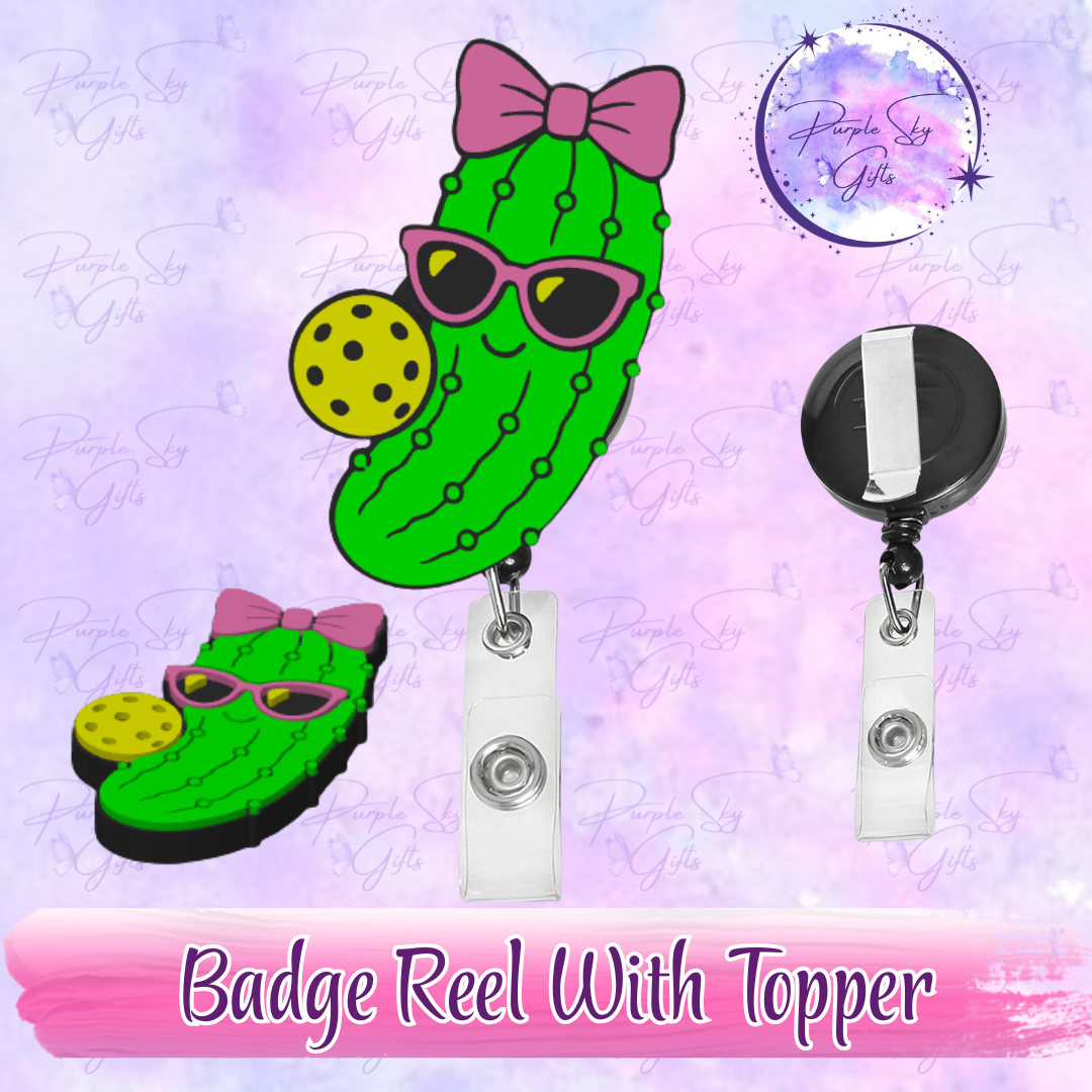 Pickleball Pickle Girl Badge Reel With Topper - Or Topper Only