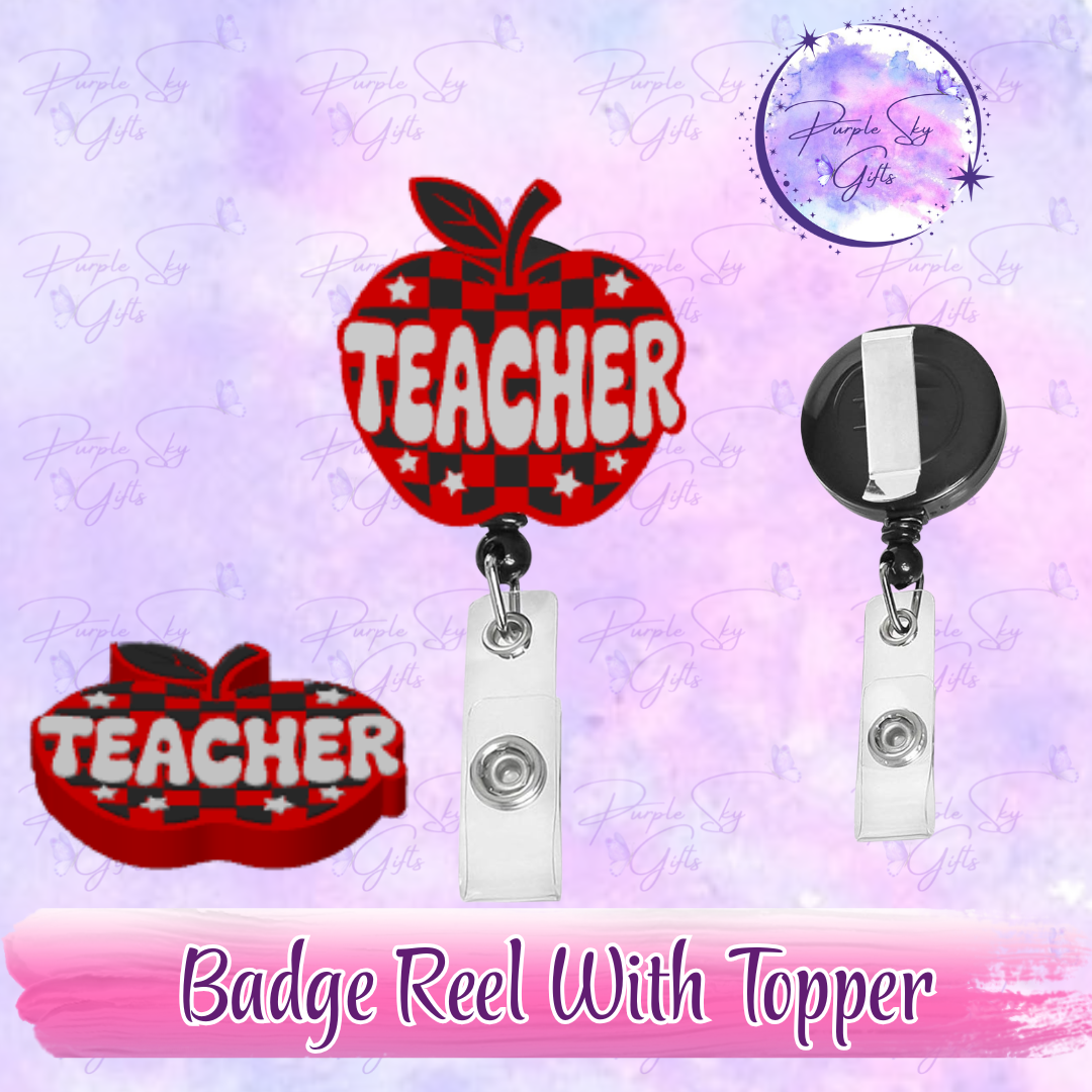 Checkered Print Teacher Apple Badge Reel With Topper - Or Topper Only