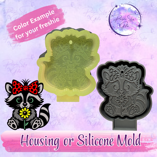 Cute Raccoon with Bow and Flower Mold Housing or Silicone Mold