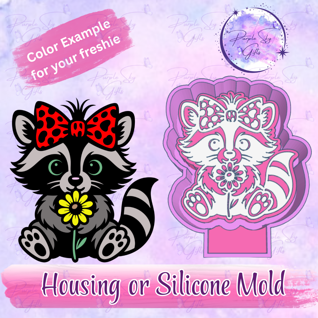 Cute Raccoon with Bow and Flower Mold Housing or Silicone Mold