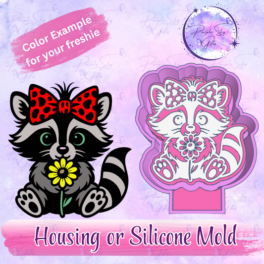 Cute Raccoon with Bow and Flower Mold Housing or Silicone Mold