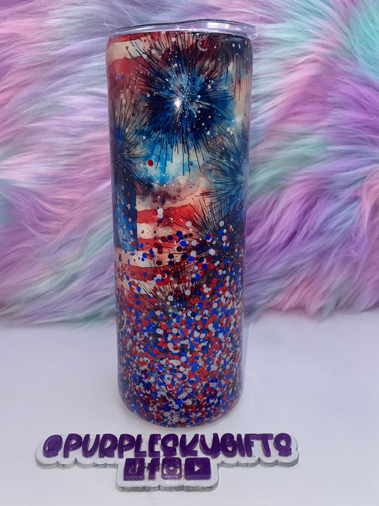 20 oz USA Freedom Fireworks Glitter Tumbler Ready To Ship