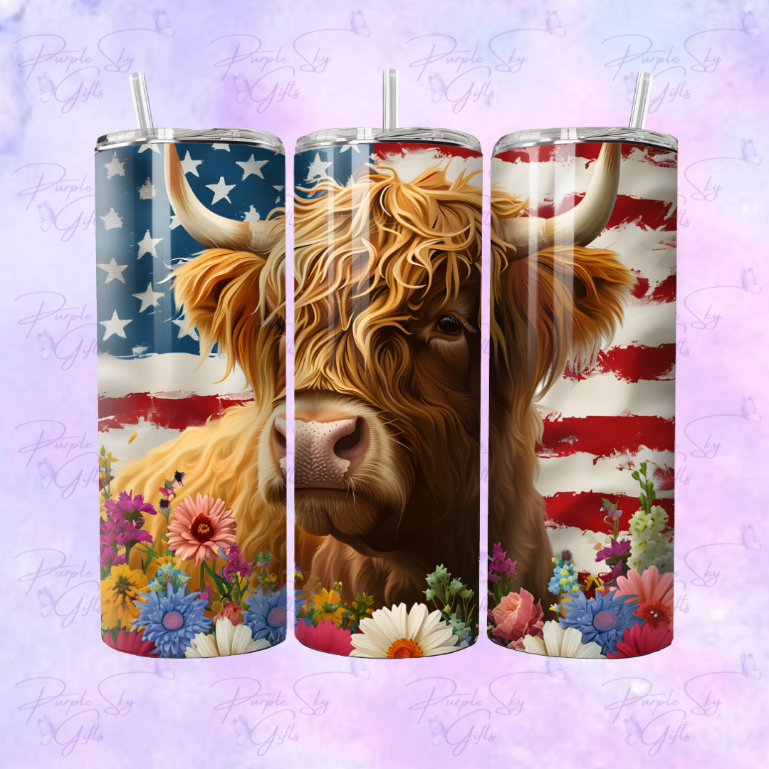 Patriotic American Flag Curly Highland Cow 20 oz Tumbler