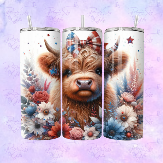 Patriotic Highland Cow with American Flag Bow 20 oz Tumbler