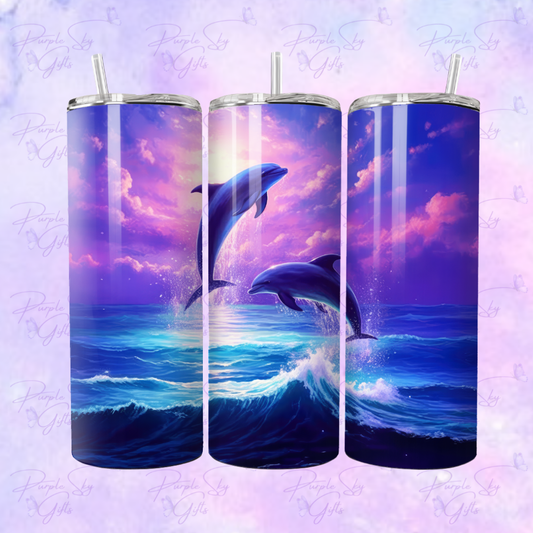 Dolphins In Ocean Purple Sky Horizon 20 oz Tumbler