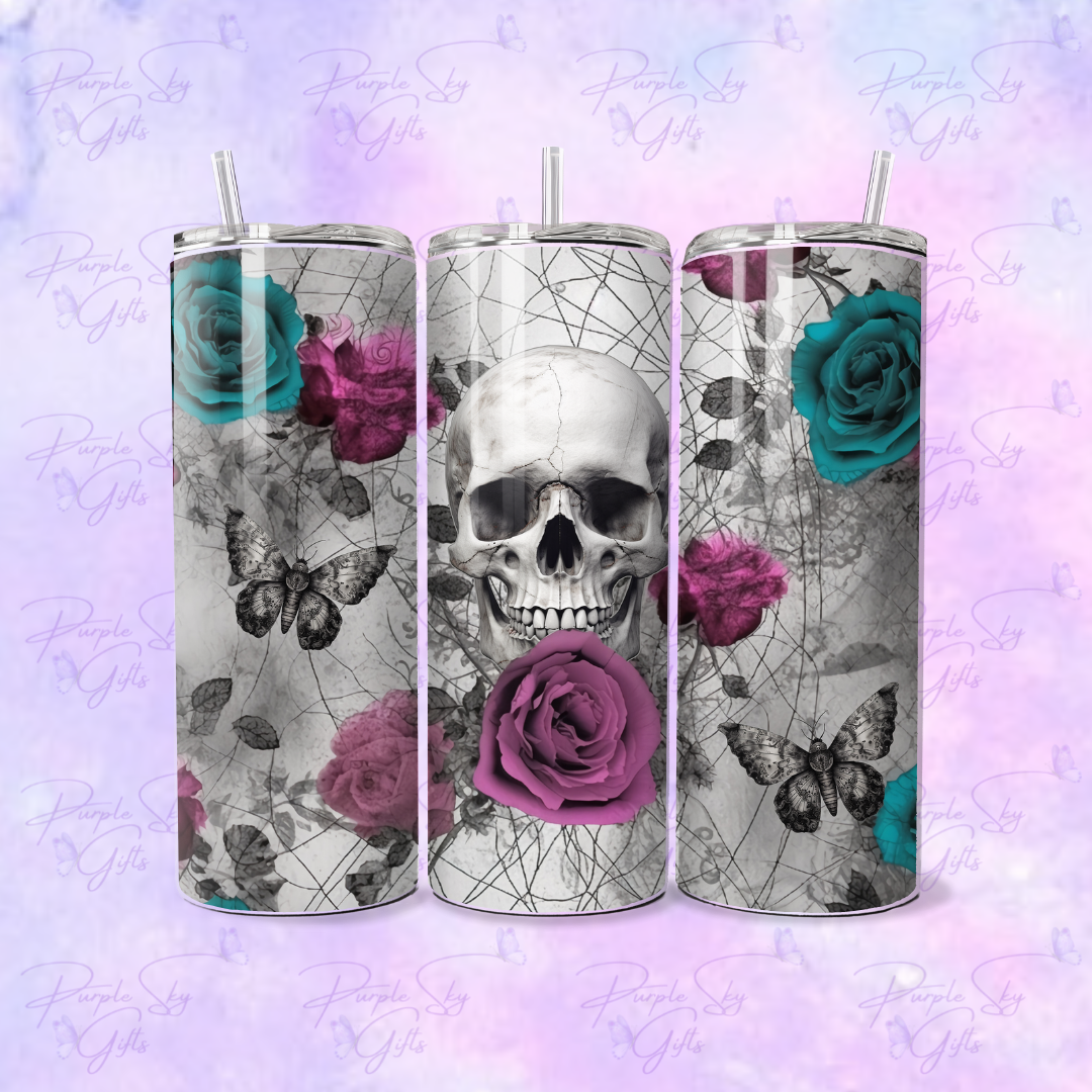 Gothic Skull, Moths, and Roses 20 or 30 oz Tumbler