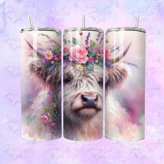 Highland Cow with Crown Flowers 20 oz Tumbler