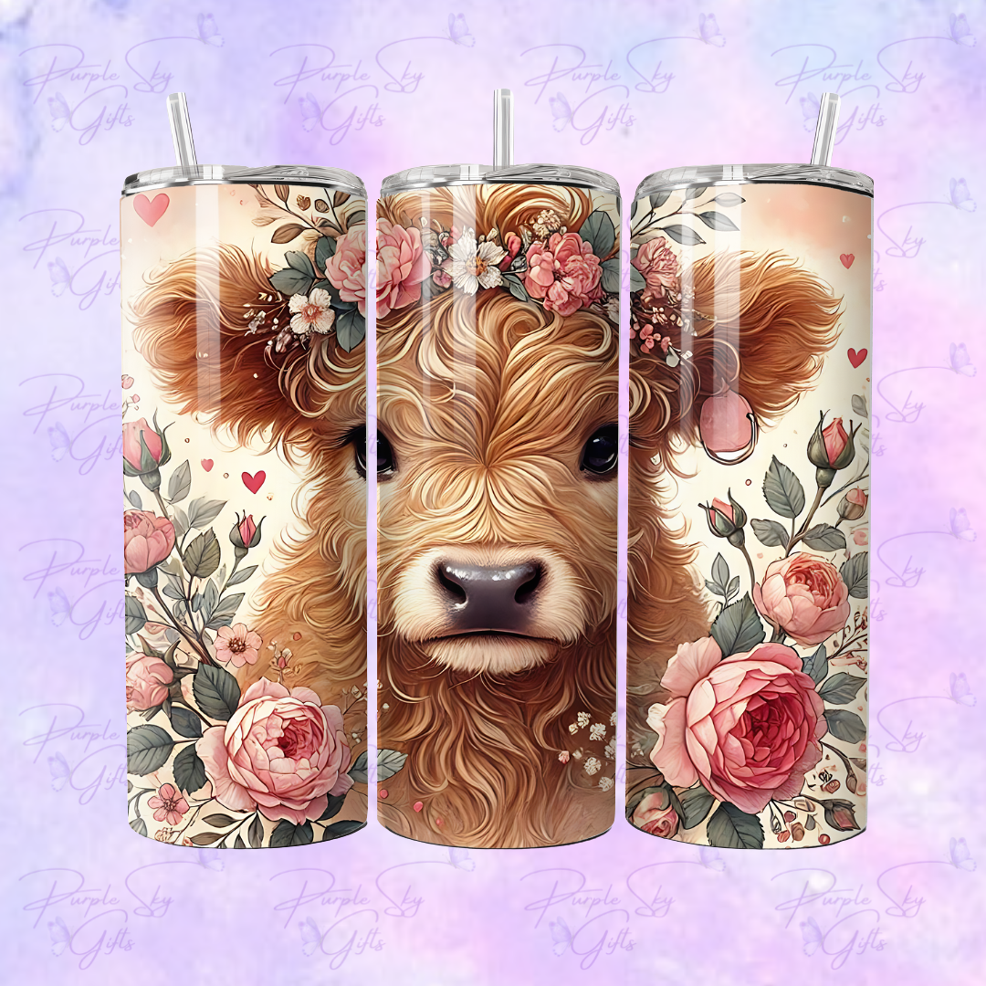 Pink Roses Floral Highland Cow 20 or 30 oz Tumbler