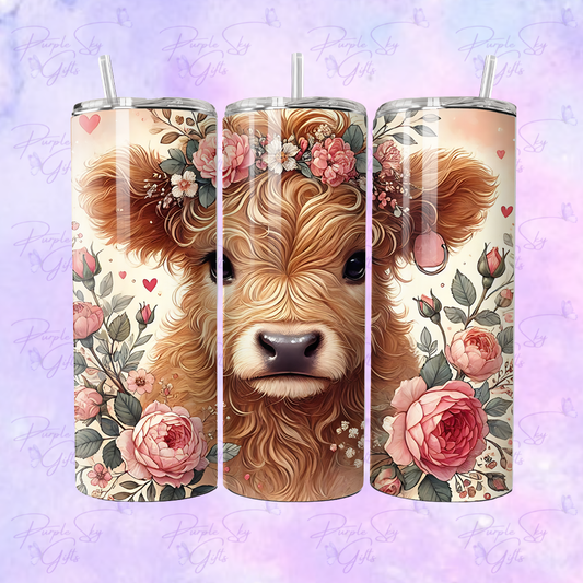 Pink Roses Floral Highland Cow 20 or 30 oz Tumbler