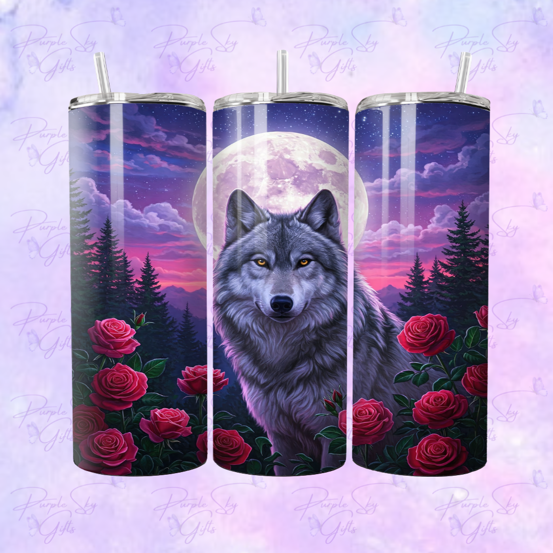 Purple Sky Full Moon Wolf 20 oz Tumbler