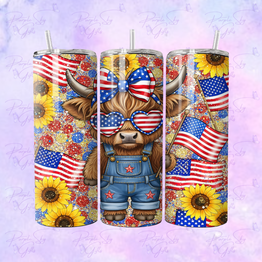 Red, White, and Blue Patriotic Highland Cow 20 or 30 oz Tumbler