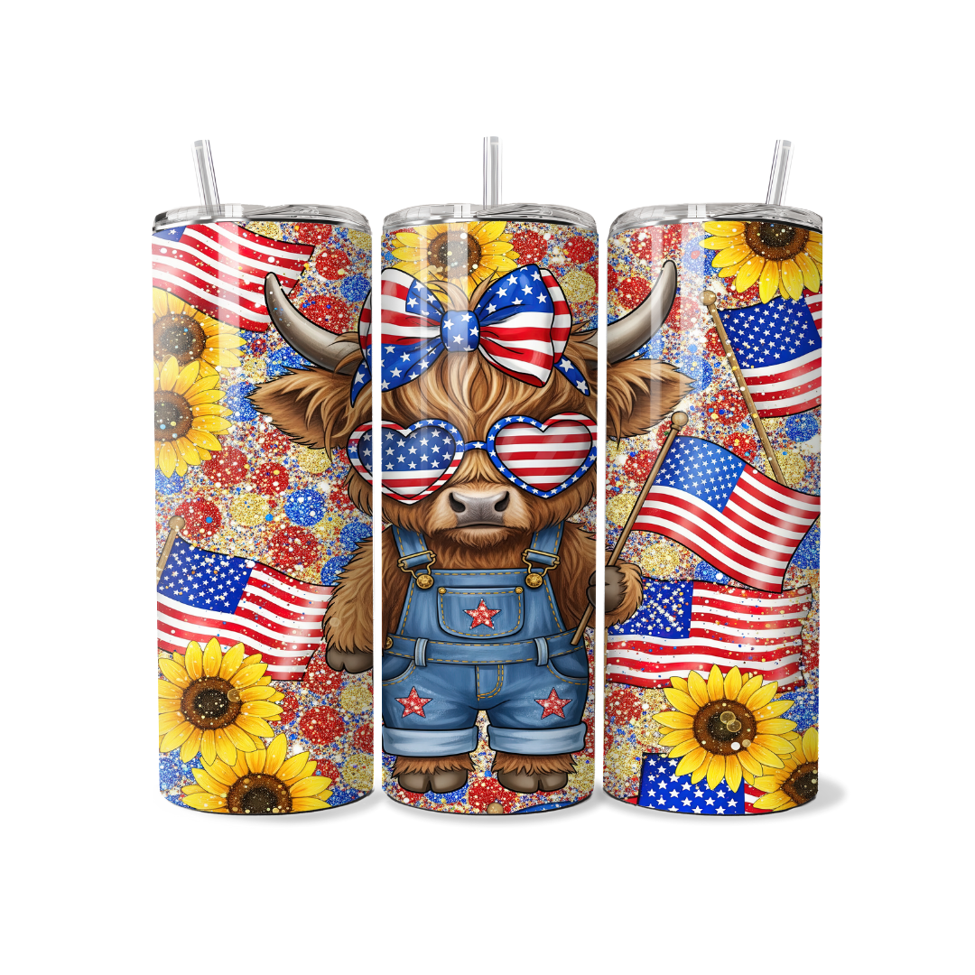Red, White, And Blue Patriotic Highland Cow 20 oz Tumbler