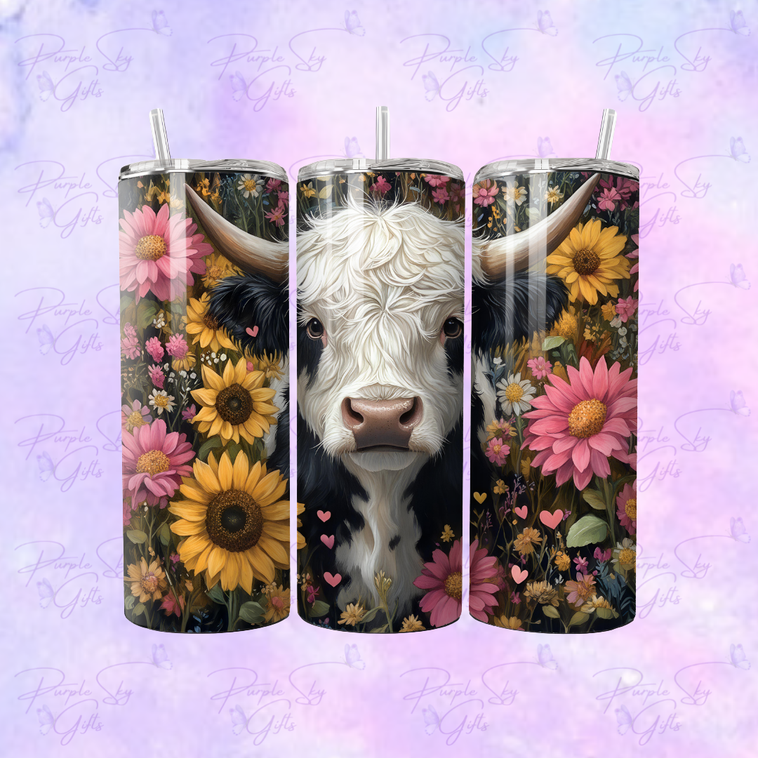 20 oz Black and White Curly Highland Cow Stainless Steel Tumbler