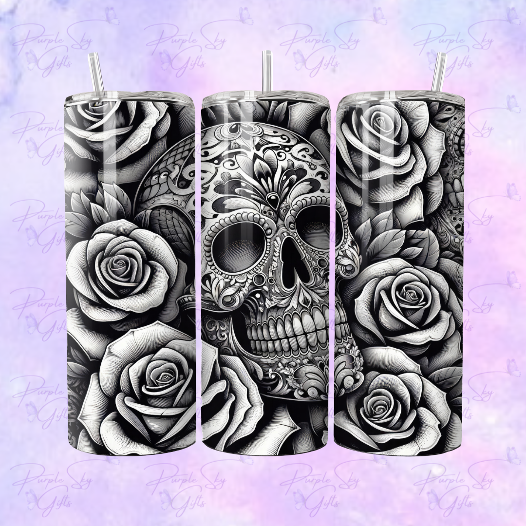 Black and White Skull and Roses 20 or 30 oz Tumbler