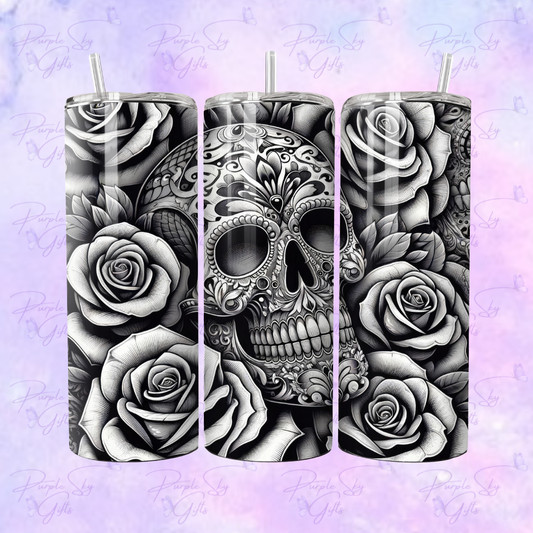 Black and White Skull and Roses 20 or 30 oz Tumbler