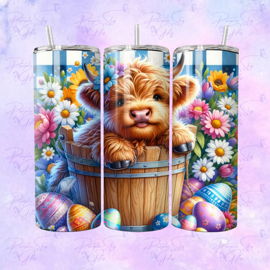 Blue and White Gingham Easter Highland Cow 20 or 30 oz Tumbler