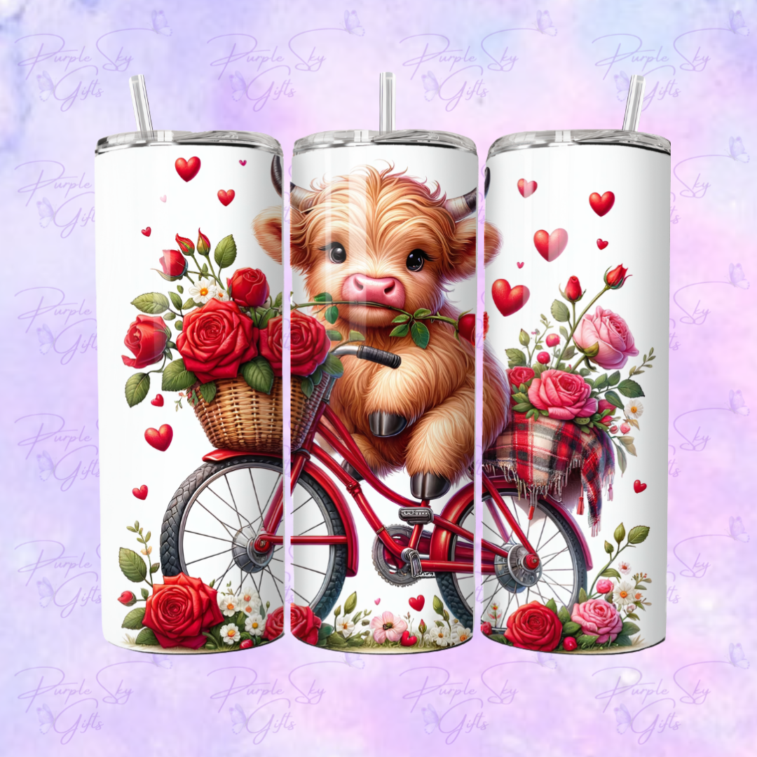 Bike Riding Valentine's Highland Cow 20 or 30 oz Tumbler