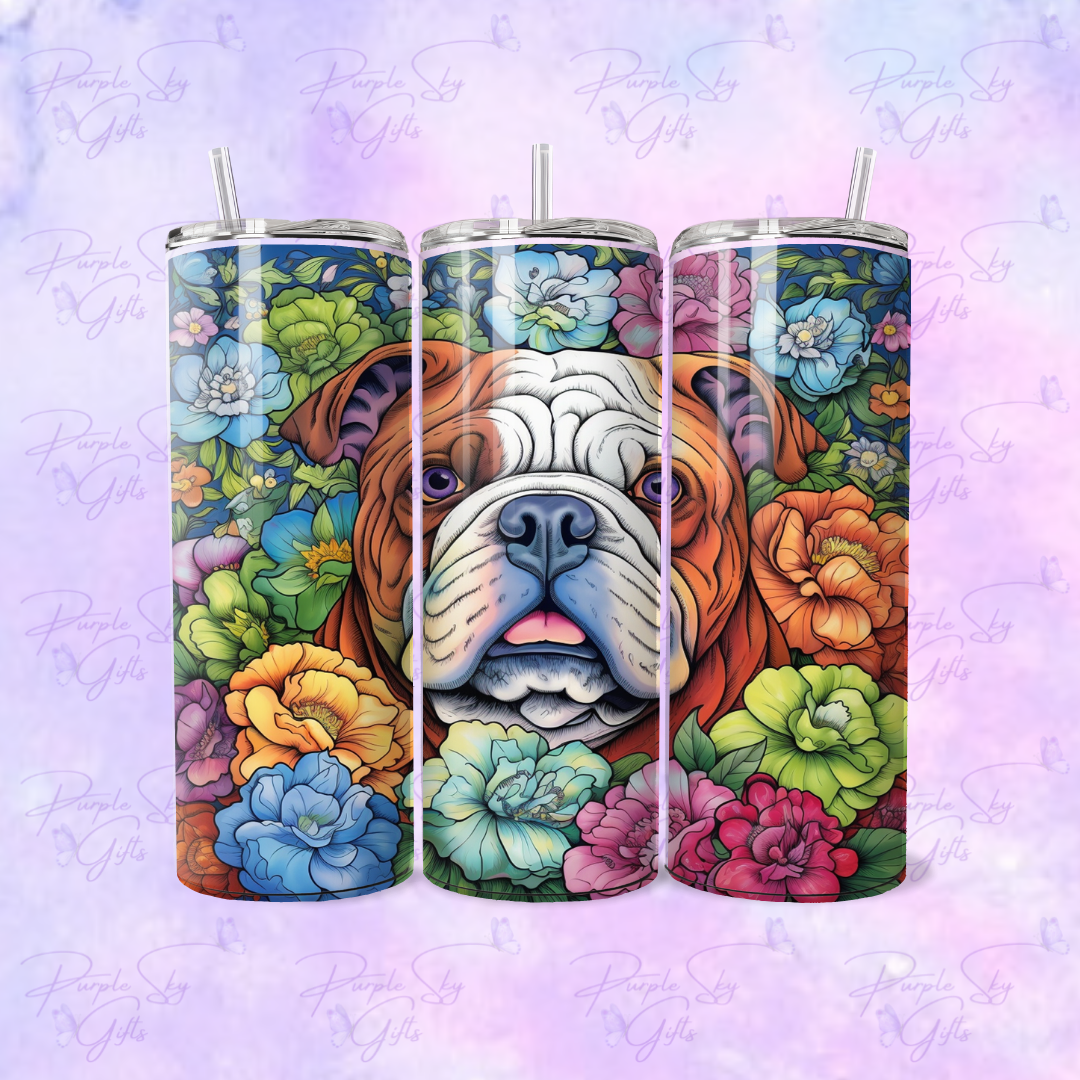 English Bulldog with Flowers 20 or 30 oz Tumbler