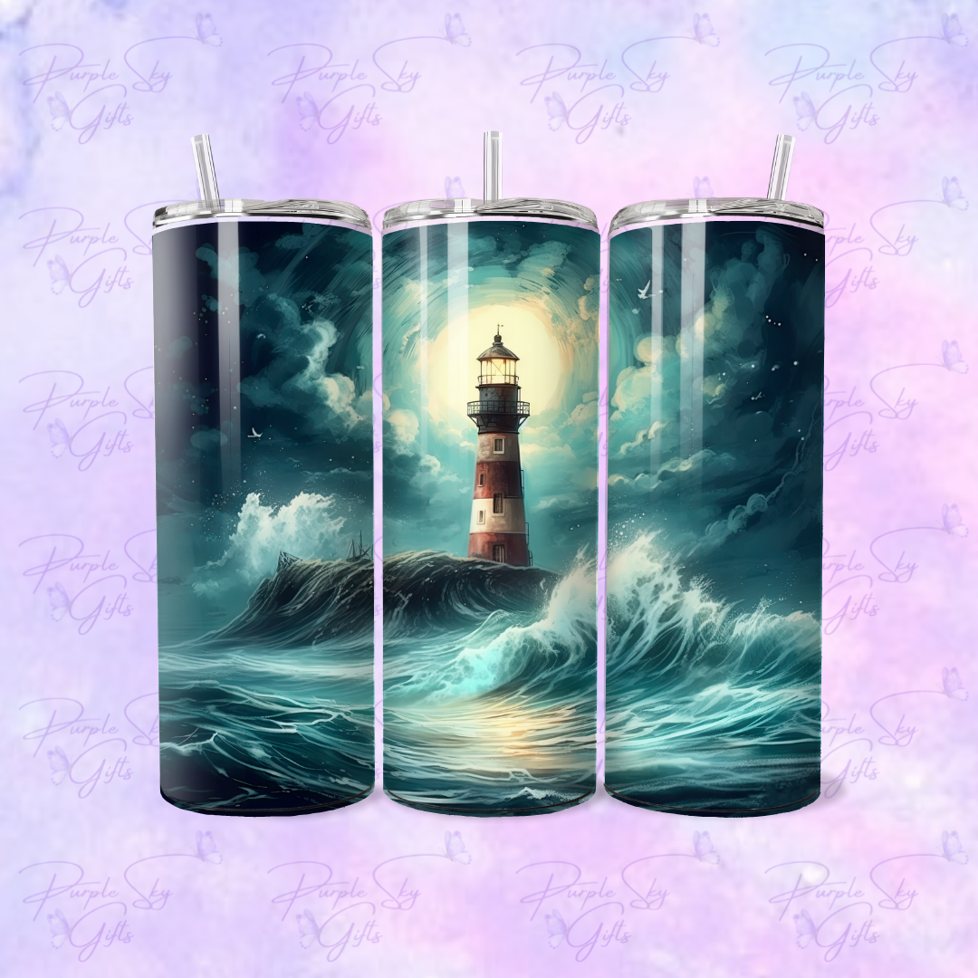 Beautiful Waves Crashing On Lighthouse Nautical 20 oz Tumbler
