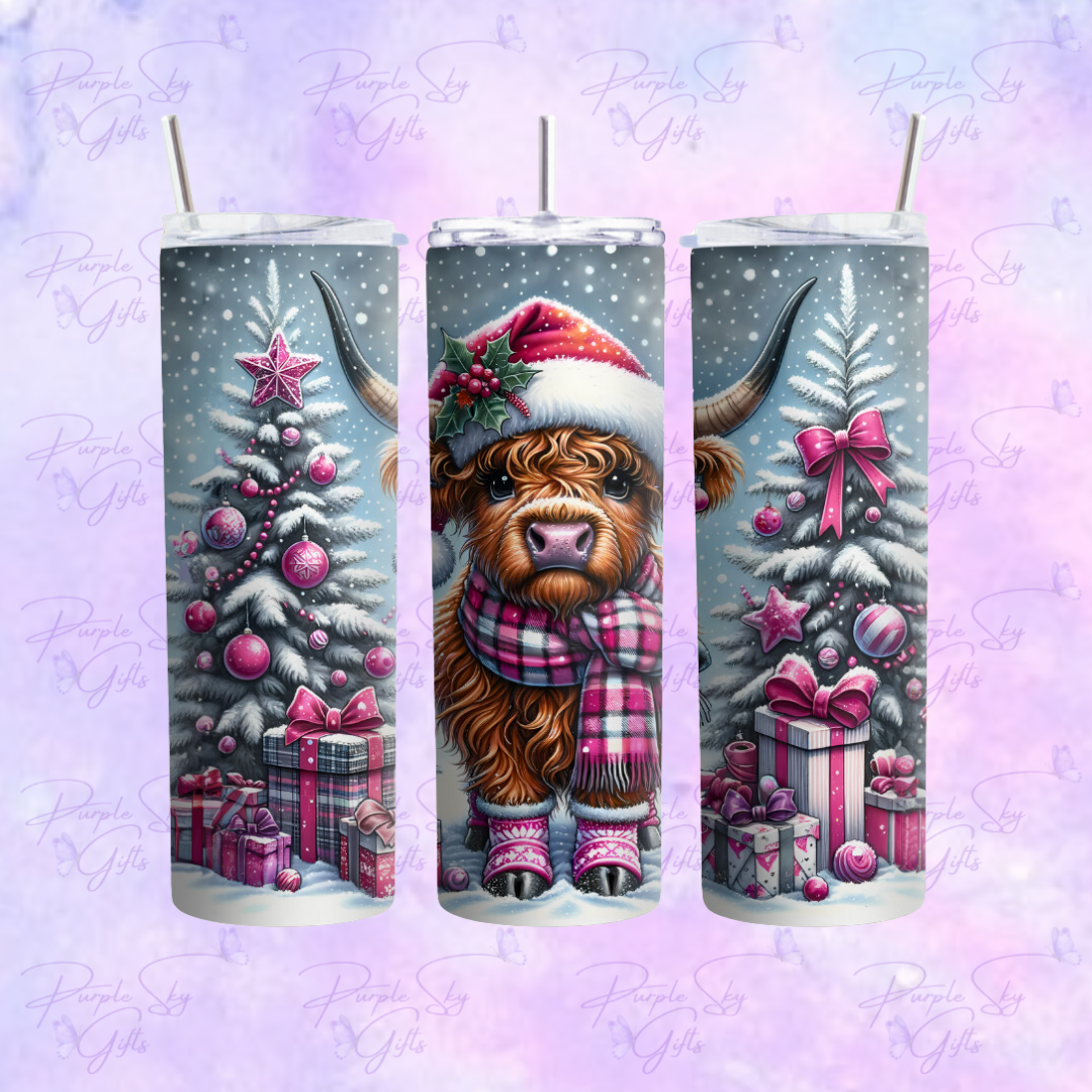 Christmas Highland Cow With Pink Scarf 20 or 30 oz Tumbler