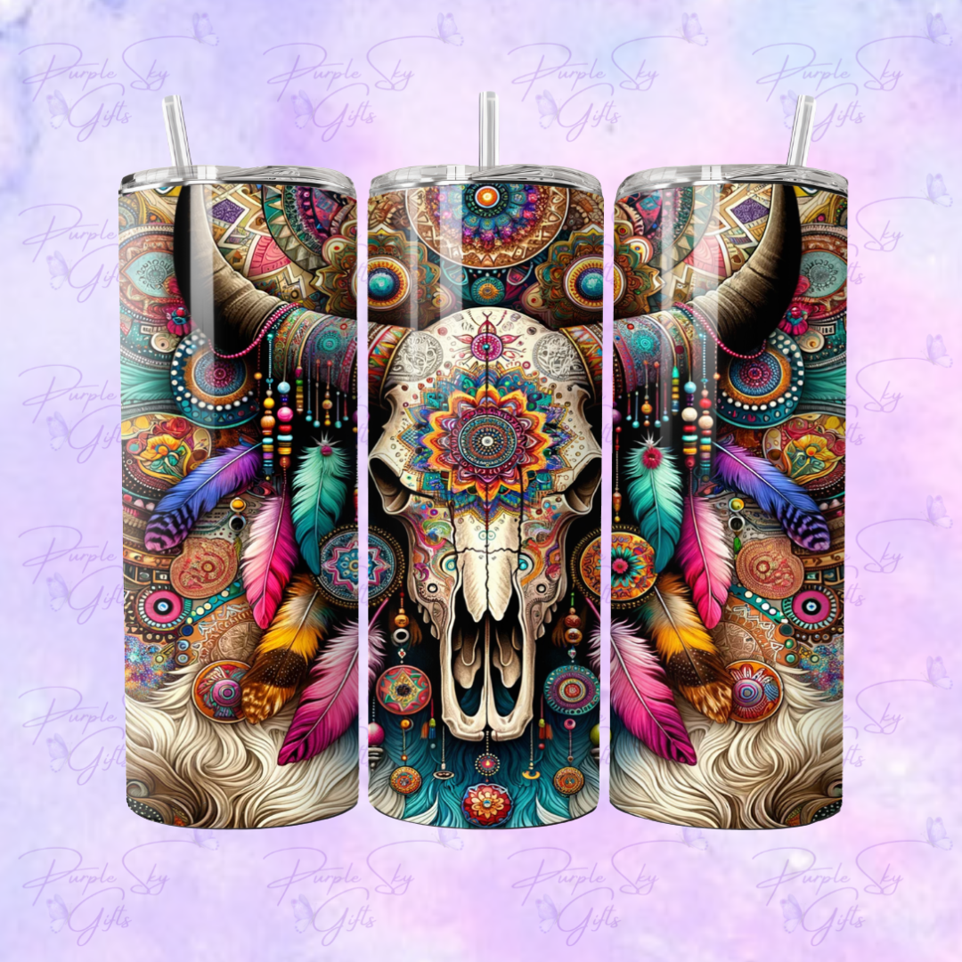 Colorful Boho Cow Skull Western 20 oz Tumbler