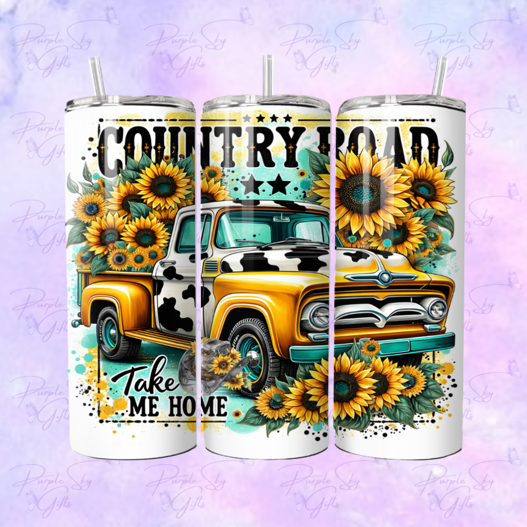 Country Road Take Me Home Sunflowers Cow Print 20 oz Tumbler